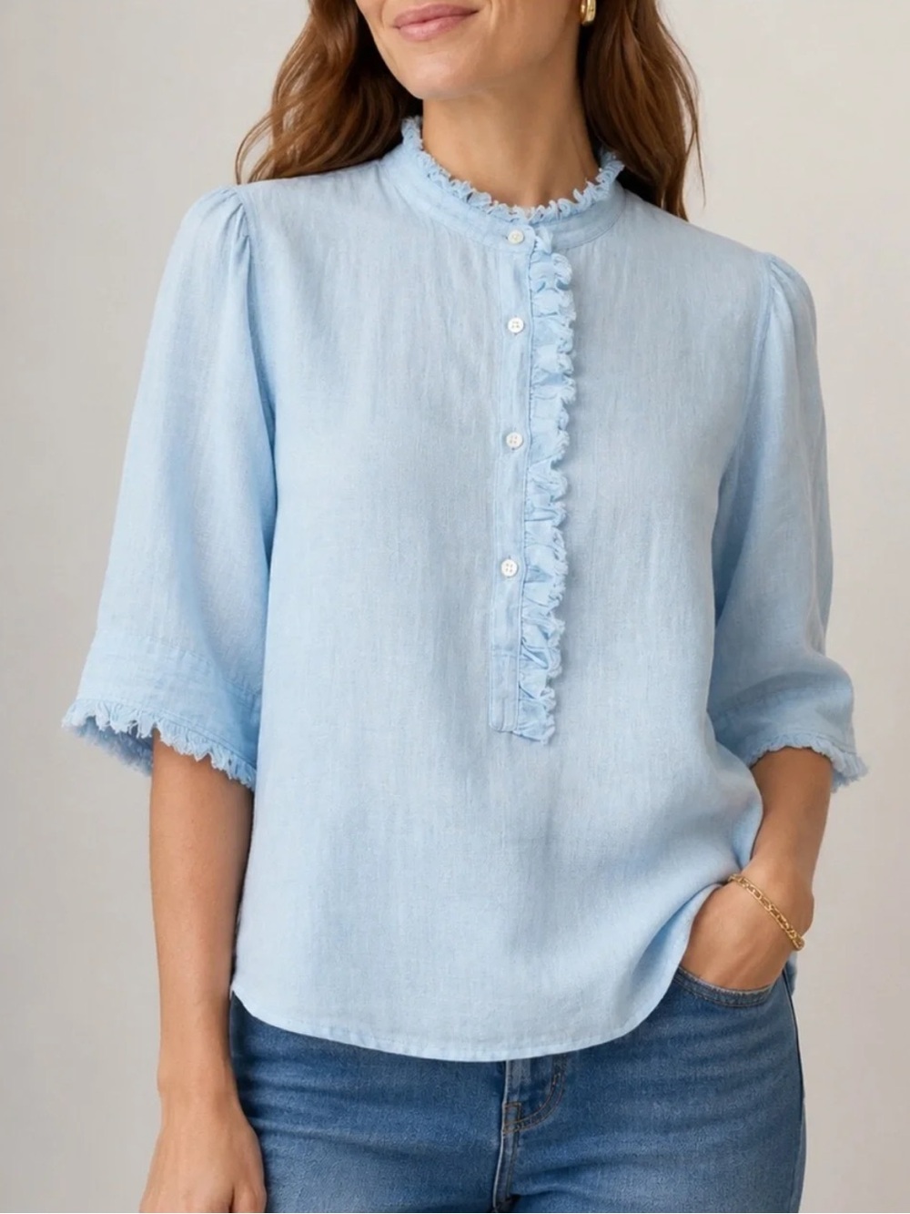 ANN MASHBURN Sky Blue Linen Ruffle-Trim Henley Blouse Size S